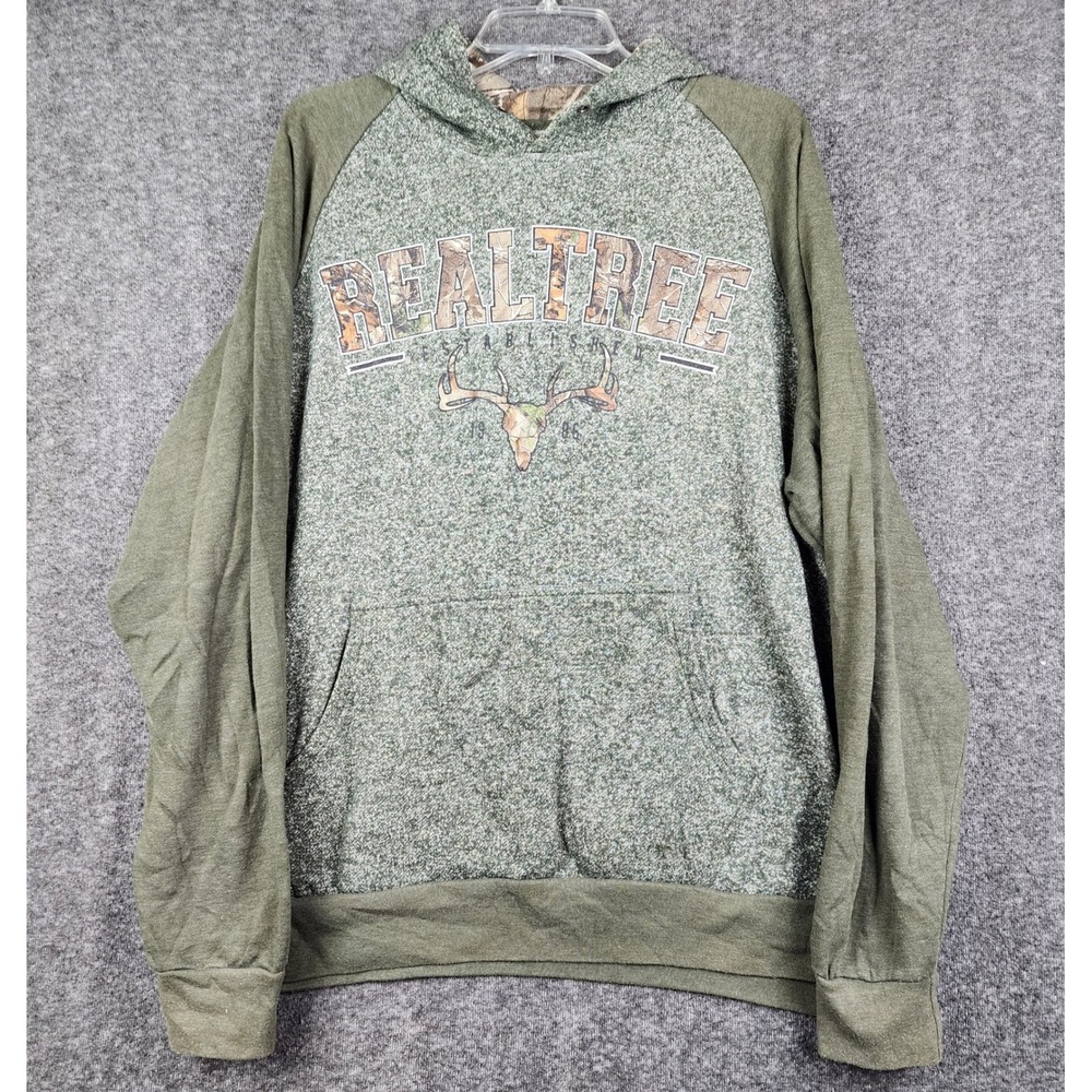 Realtree Hoodie Mens XL Green Marled Camo Graphic Raglan‎ Pullover Sweatshirt